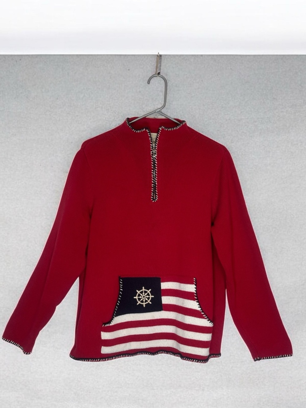 Women’s Red Cowlneck Nautical Sweater with Front Pocket Size 1/L